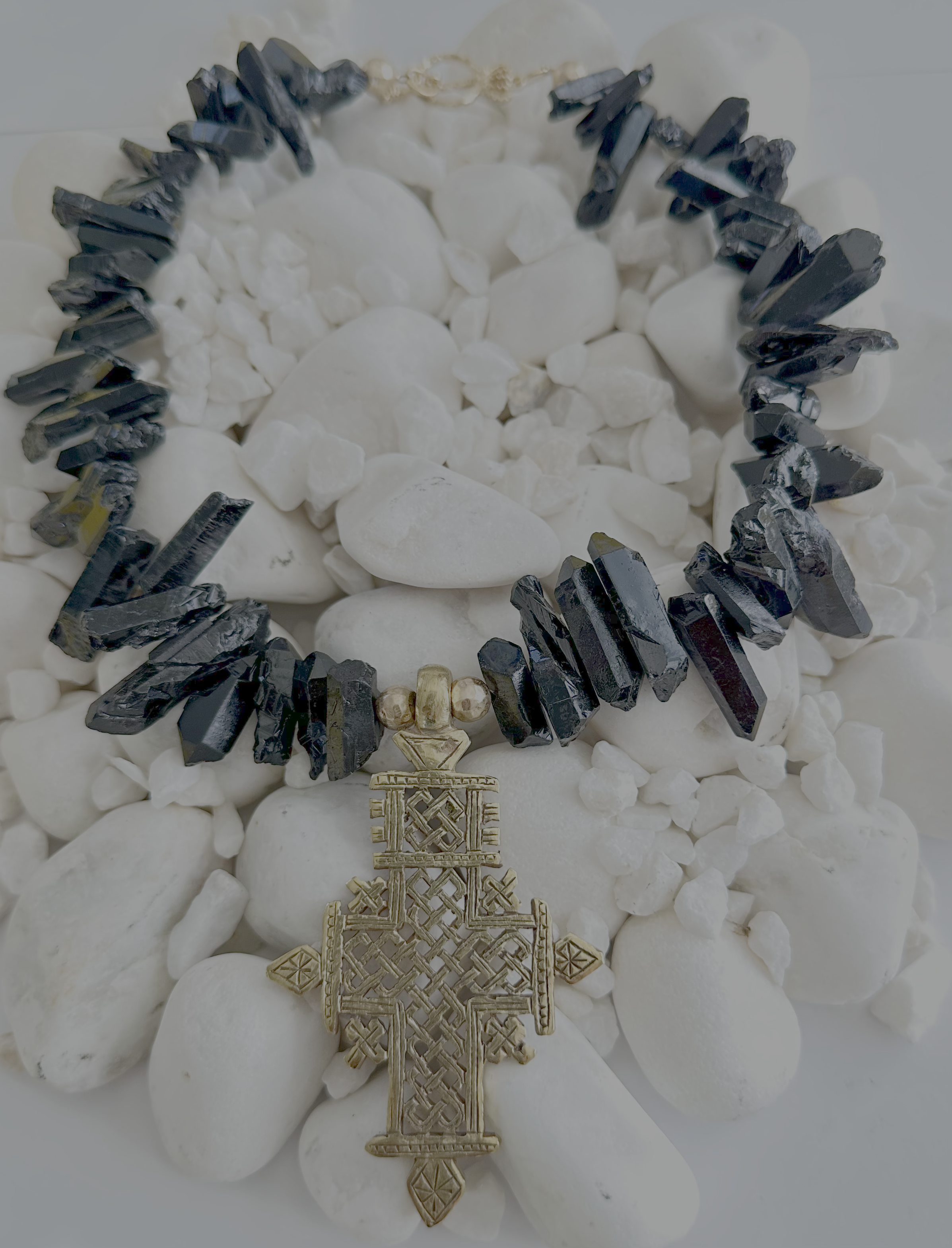 Handcrafted Black Quartz Necklace with Coptic Cross Pendant