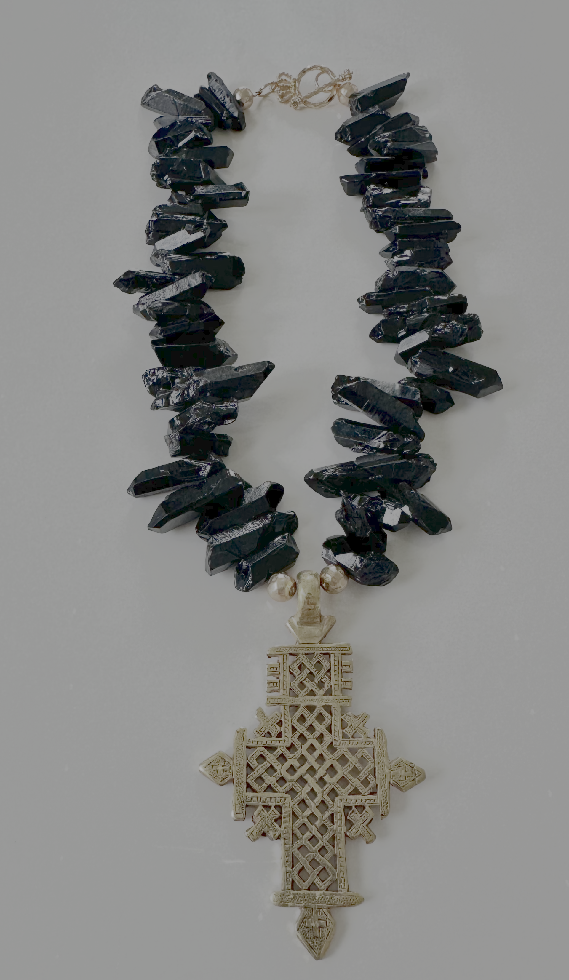 Handcrafted Black Quartz Necklace with Coptic Cross Pendant