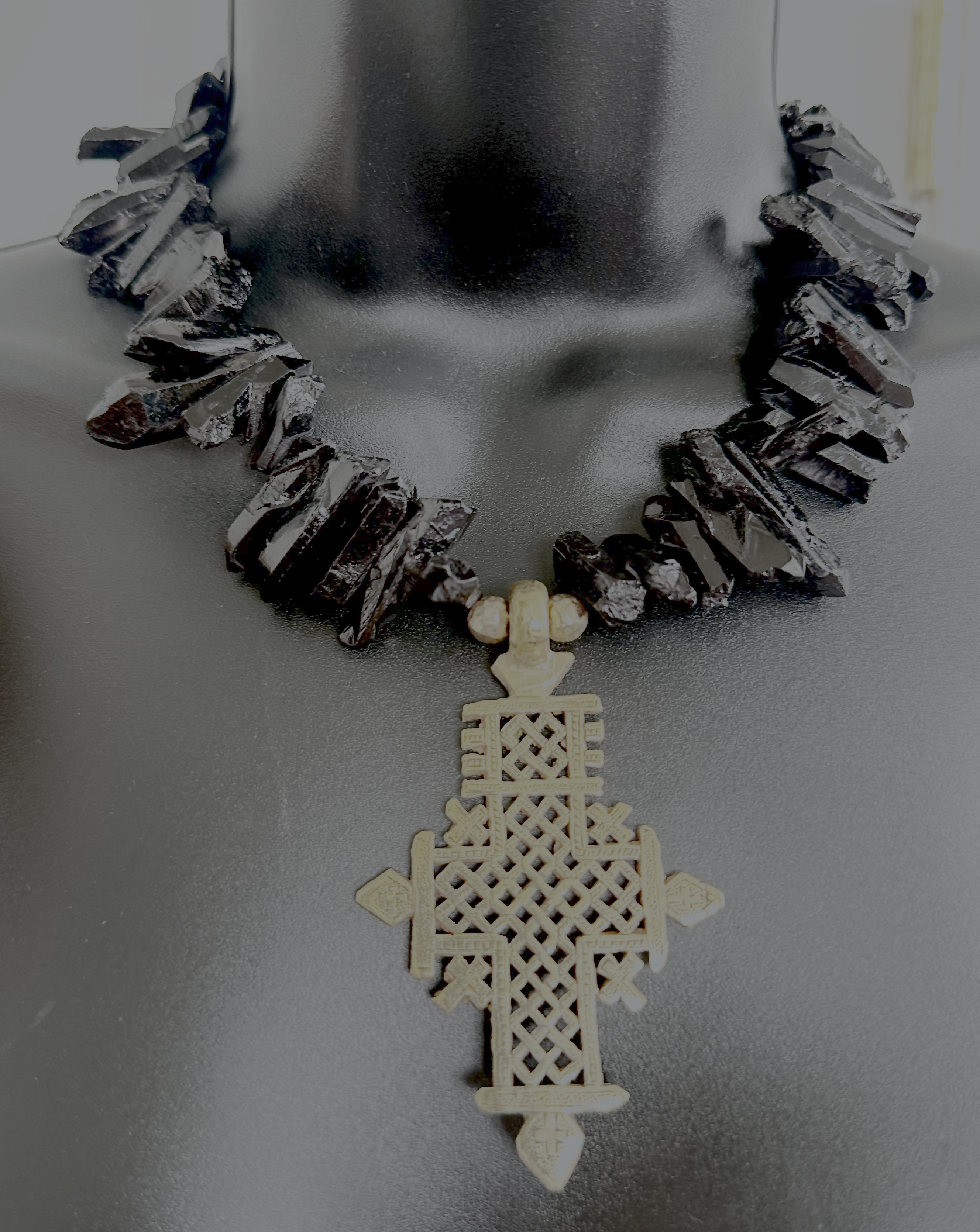 Handcrafted Black Quartz Necklace with Coptic Cross Pendant