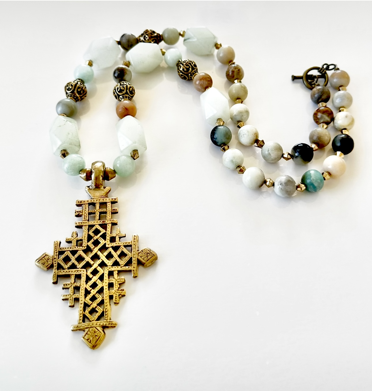 Handcrafted Amazonite Necklace with Coptic Cross Pendant