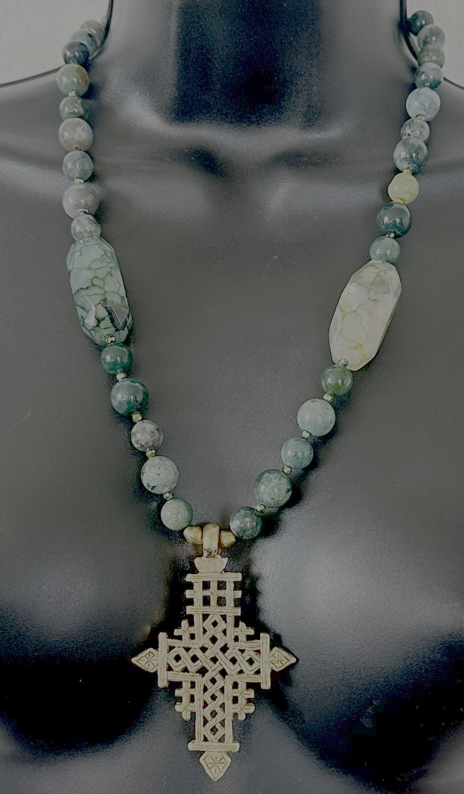 Handcrafted Dragon Agate Beaded  Coptic Cross Necklace