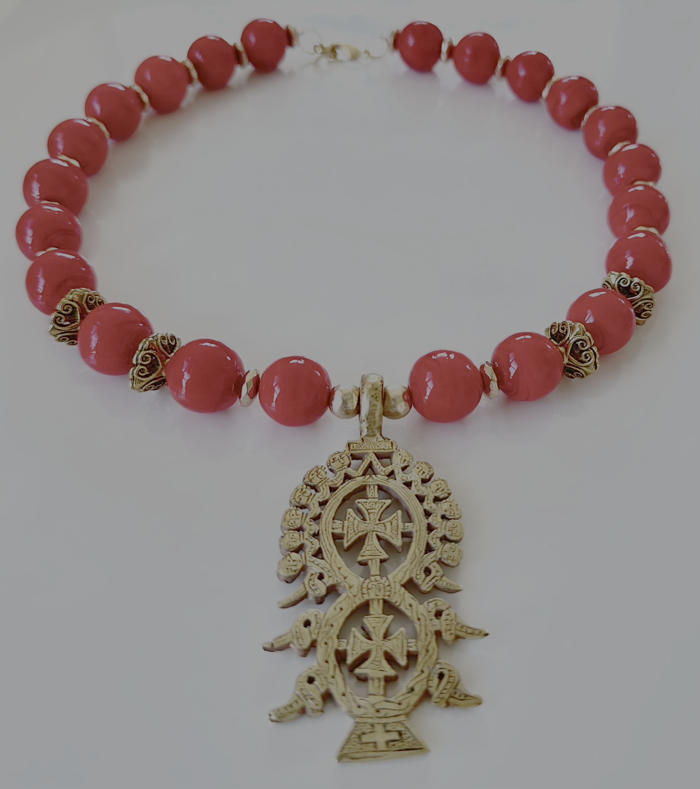 Vintage Red Beaded Necklace& Coptic Cross Pendant