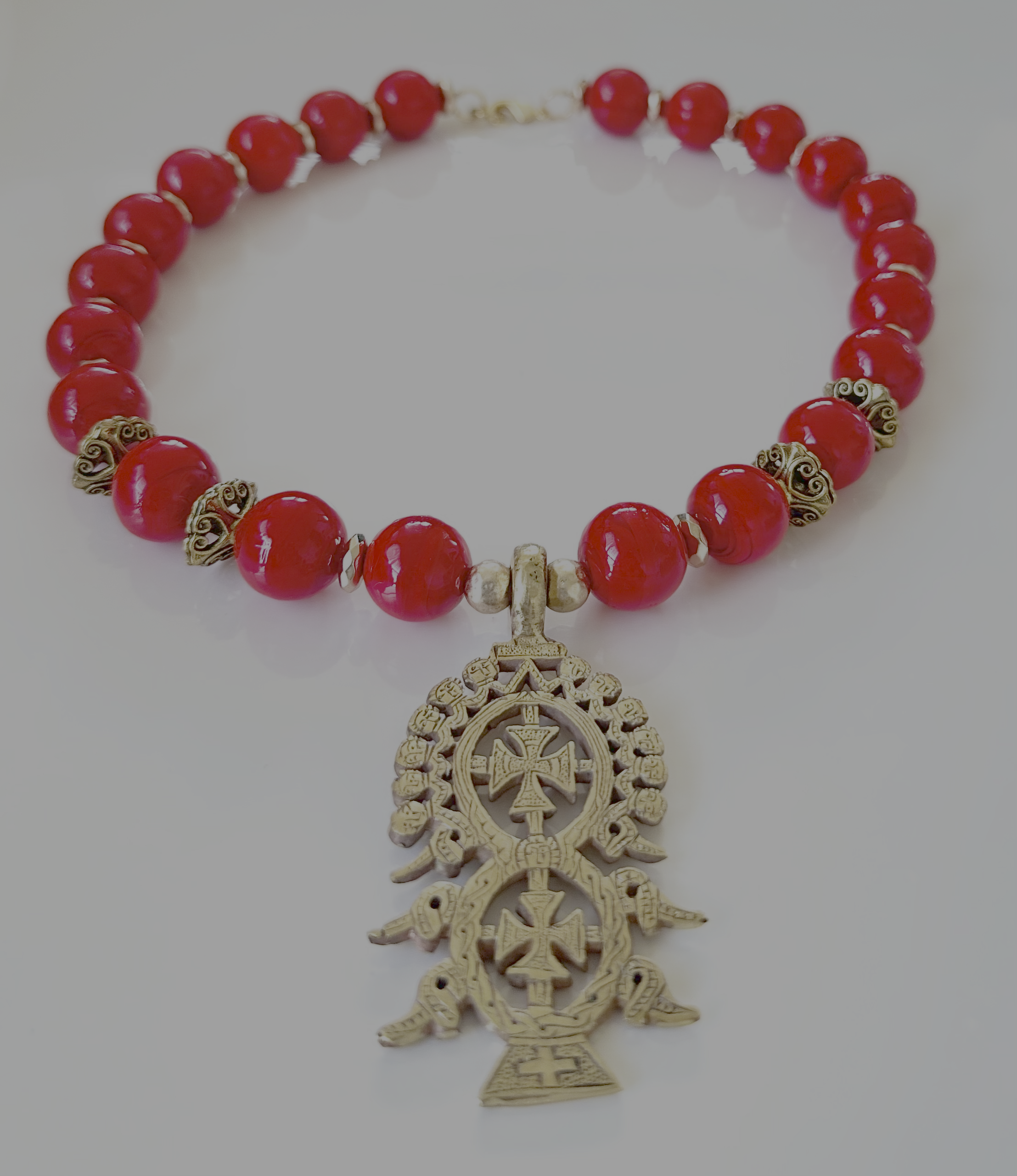 Vintage Red Beaded Necklace& Coptic Cross Pendant