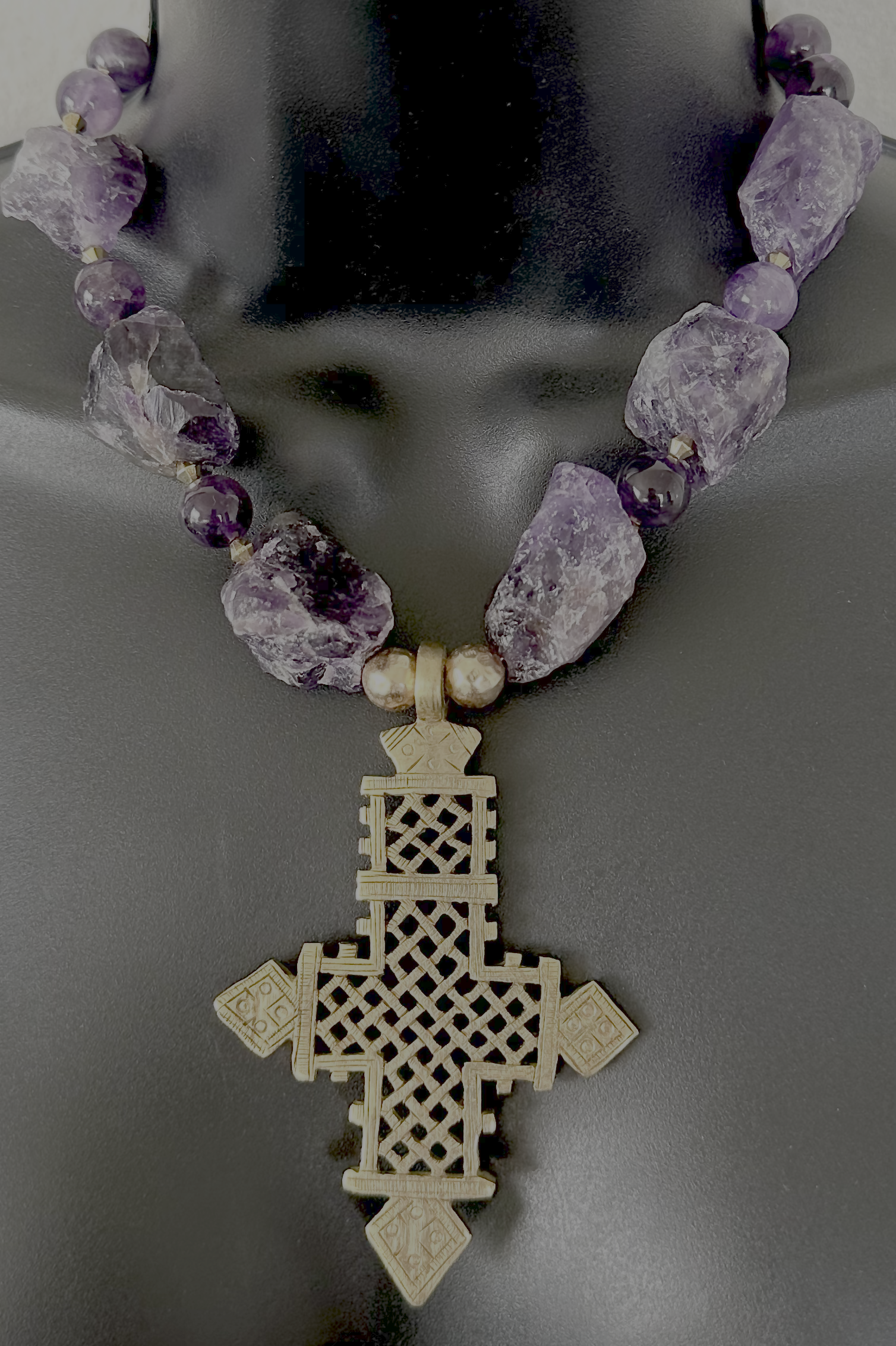 Amethyst and Brass Cross Necklace