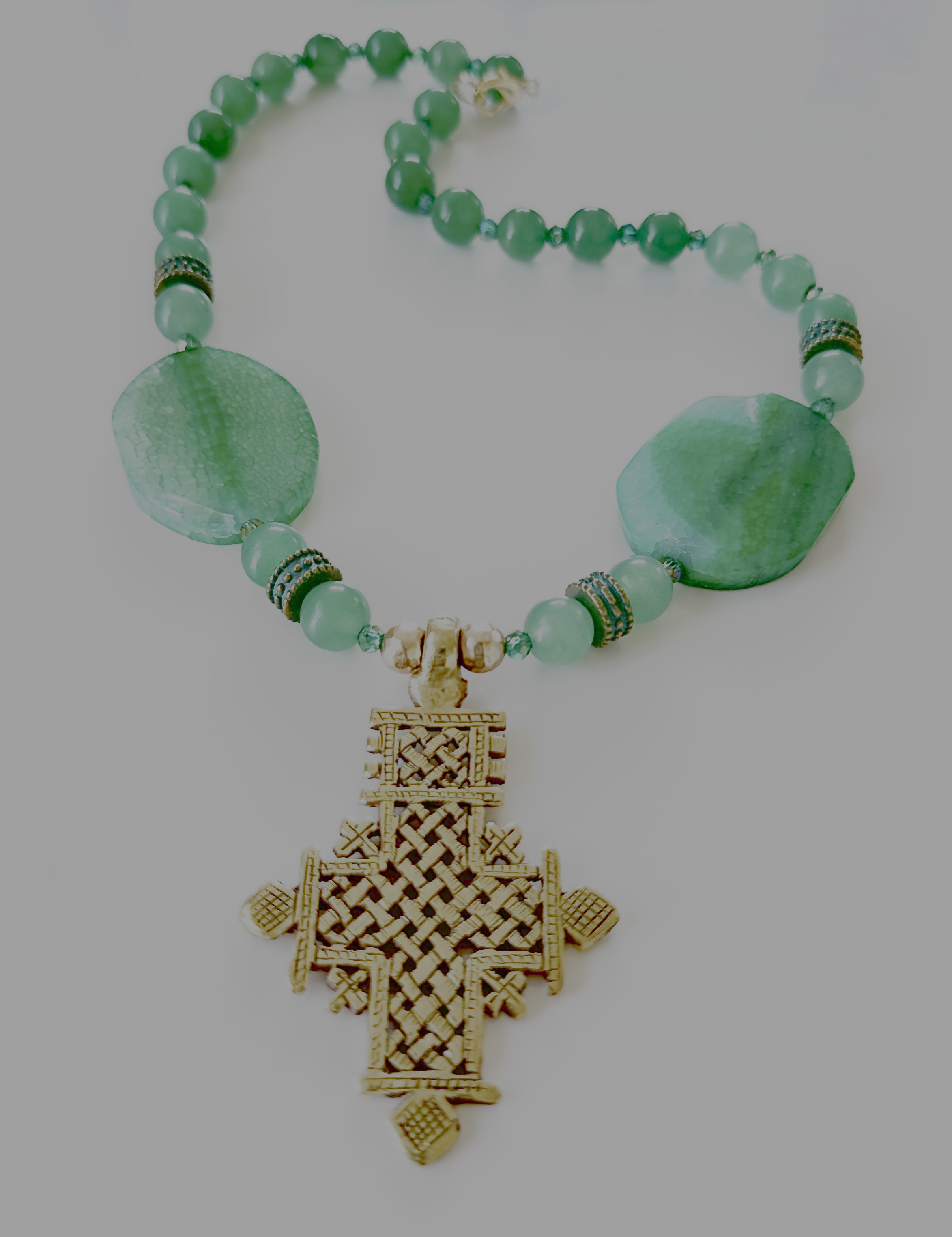 Green agate Stone Necklace with Cross Pendant