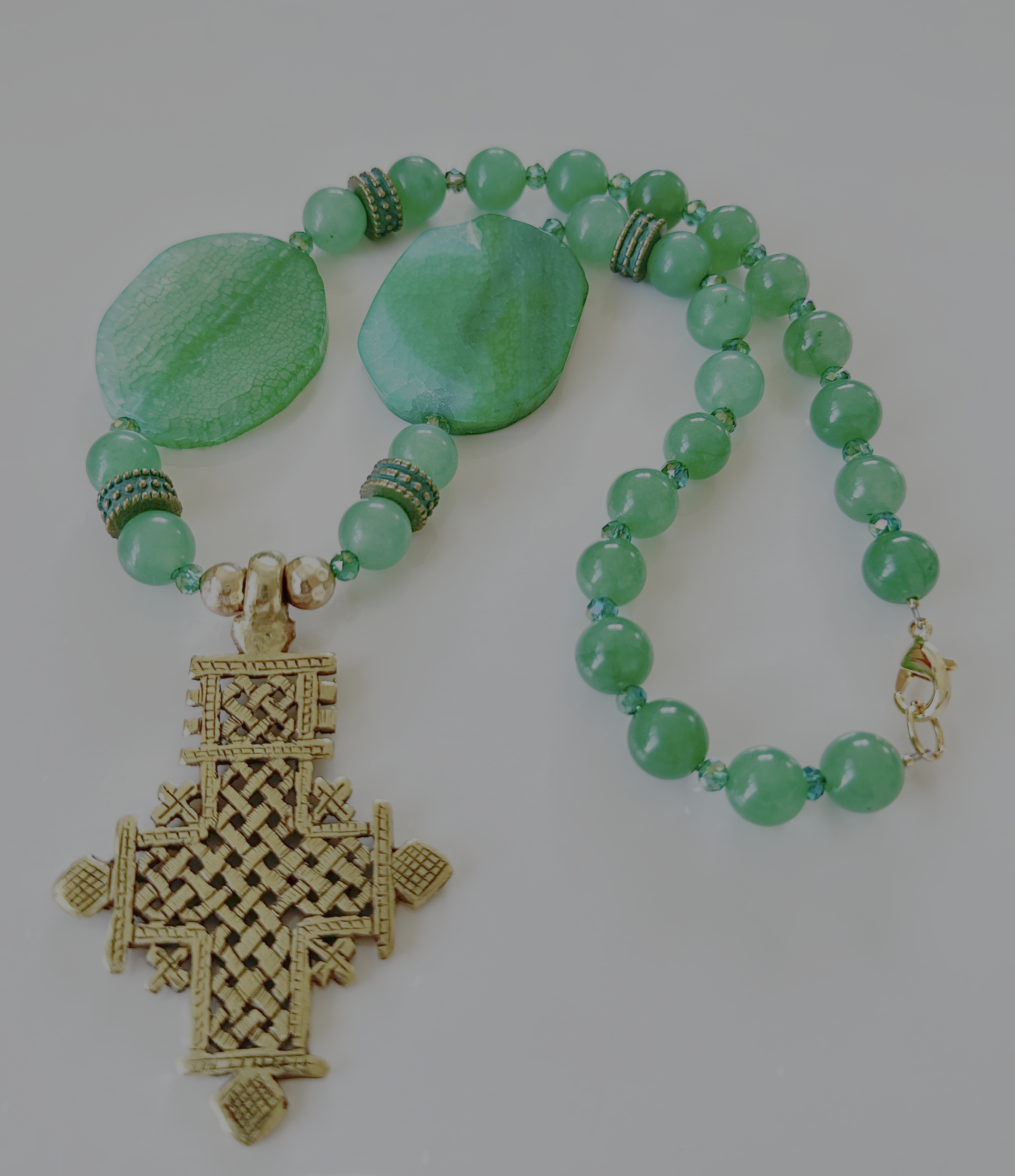 Green agate Stone Necklace with Cross Pendant