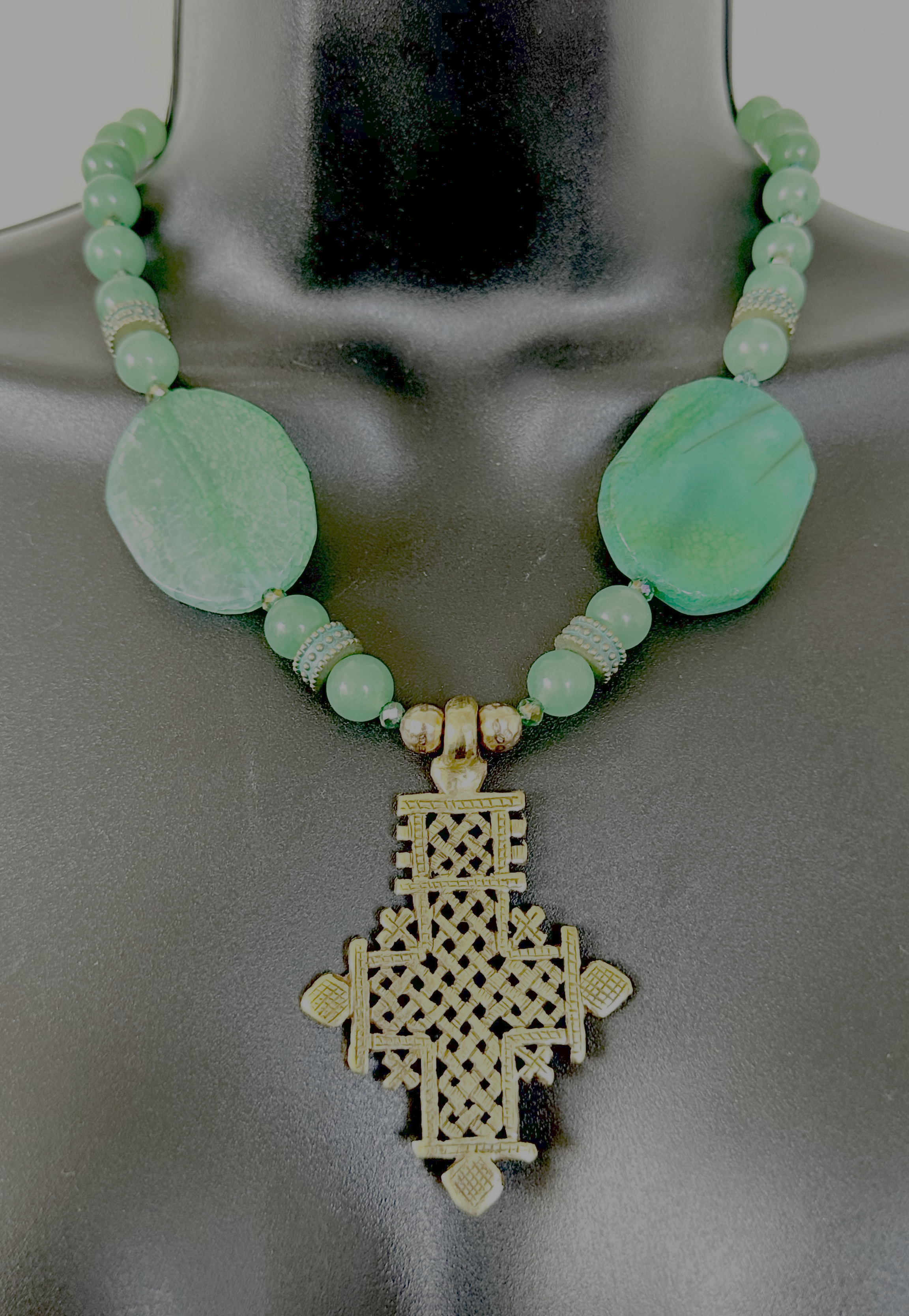 Green agate Stone Necklace with Cross Pendant