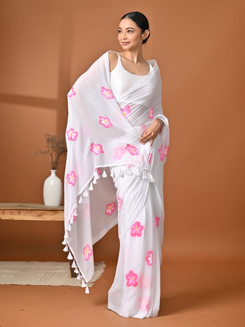 Hand painted saree malmal cotton