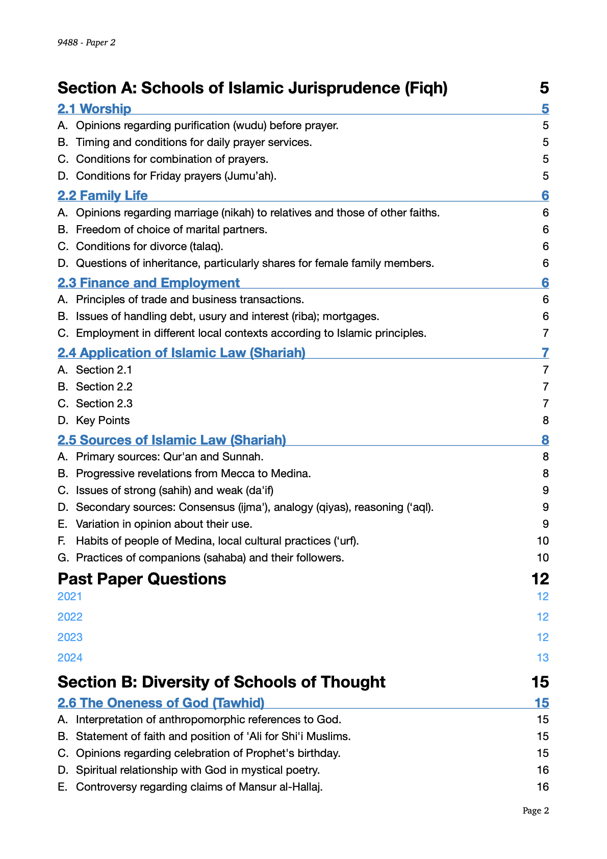 9488 A Level Islamic Studies Notes Paper 2 PDF