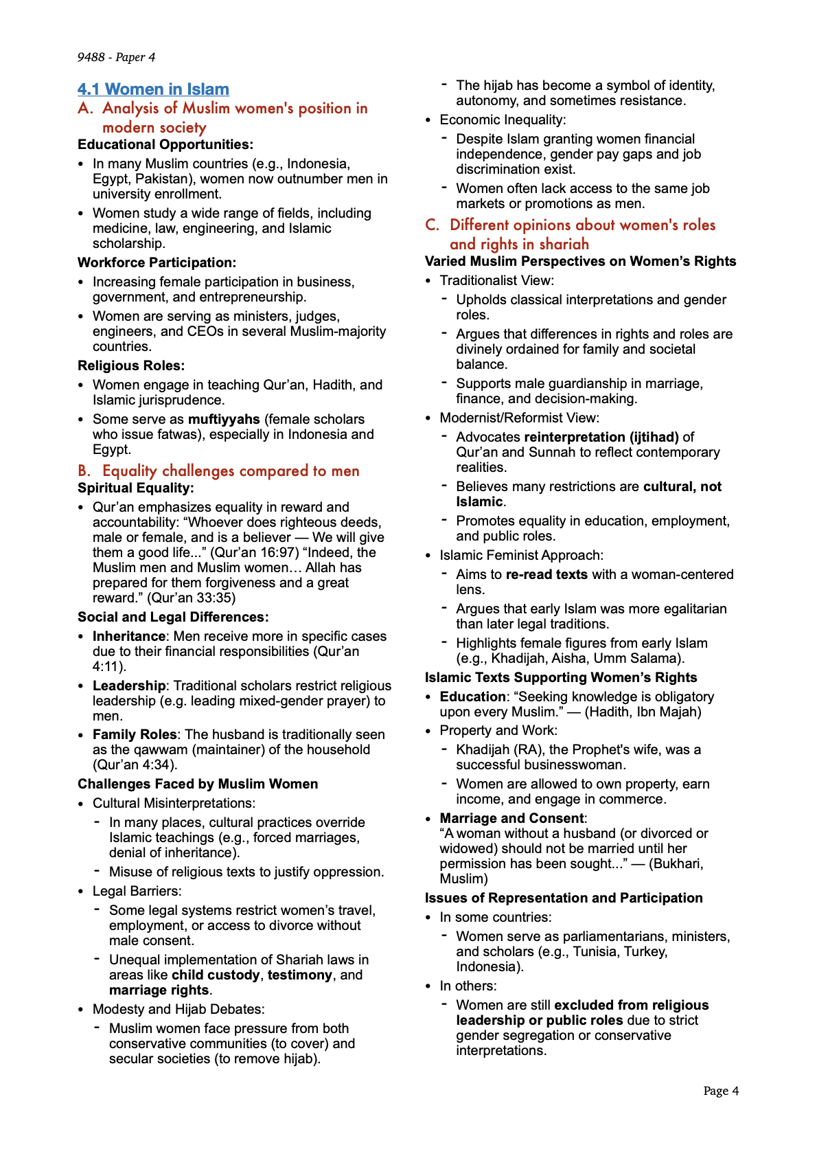 9488 A Level Islamic Studies Notes Paper 4 PDF