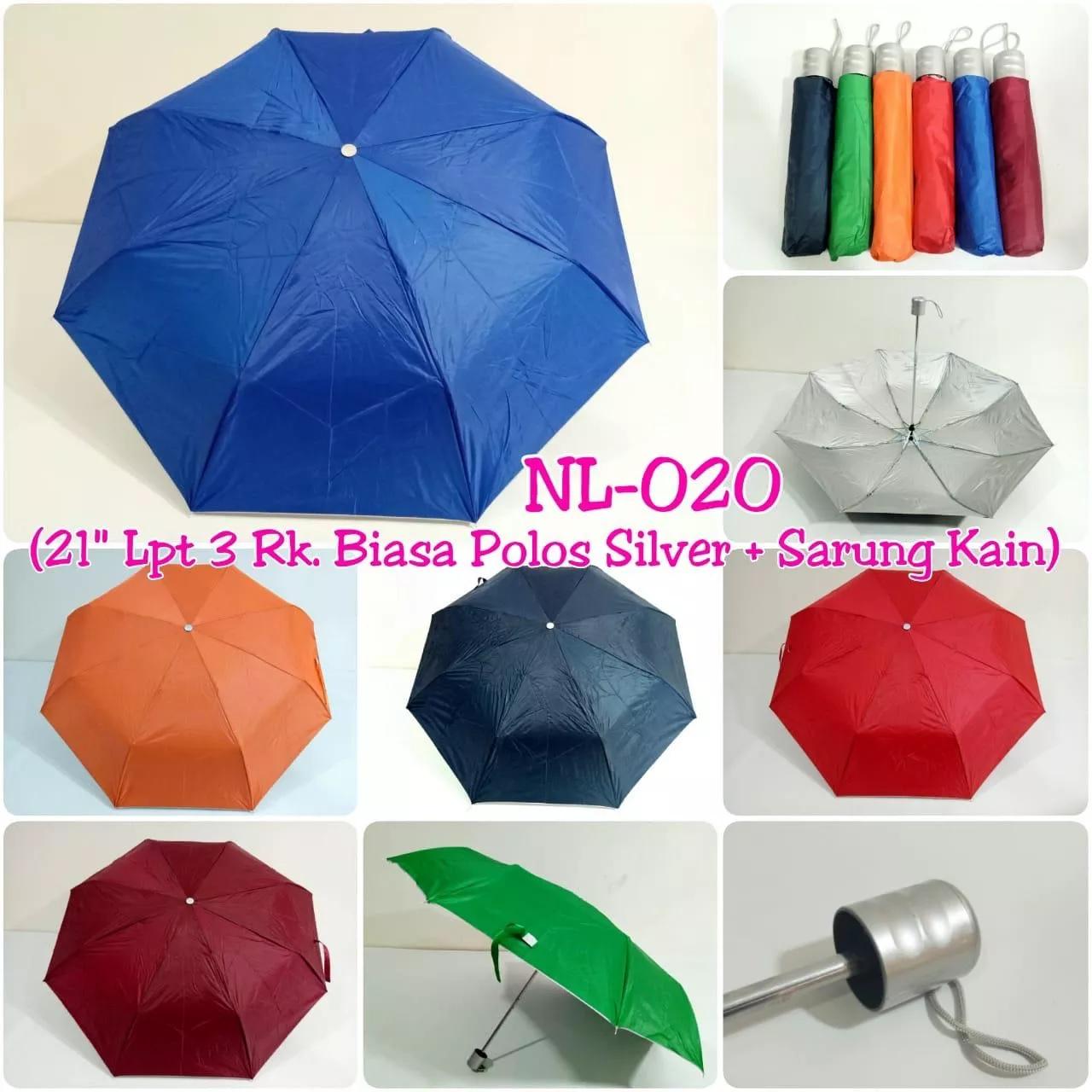 Payung Lipat 3 Nagoya 8 Jari Murah Polos Lapis Silver Sarung Kain (Warna Mix Acak)