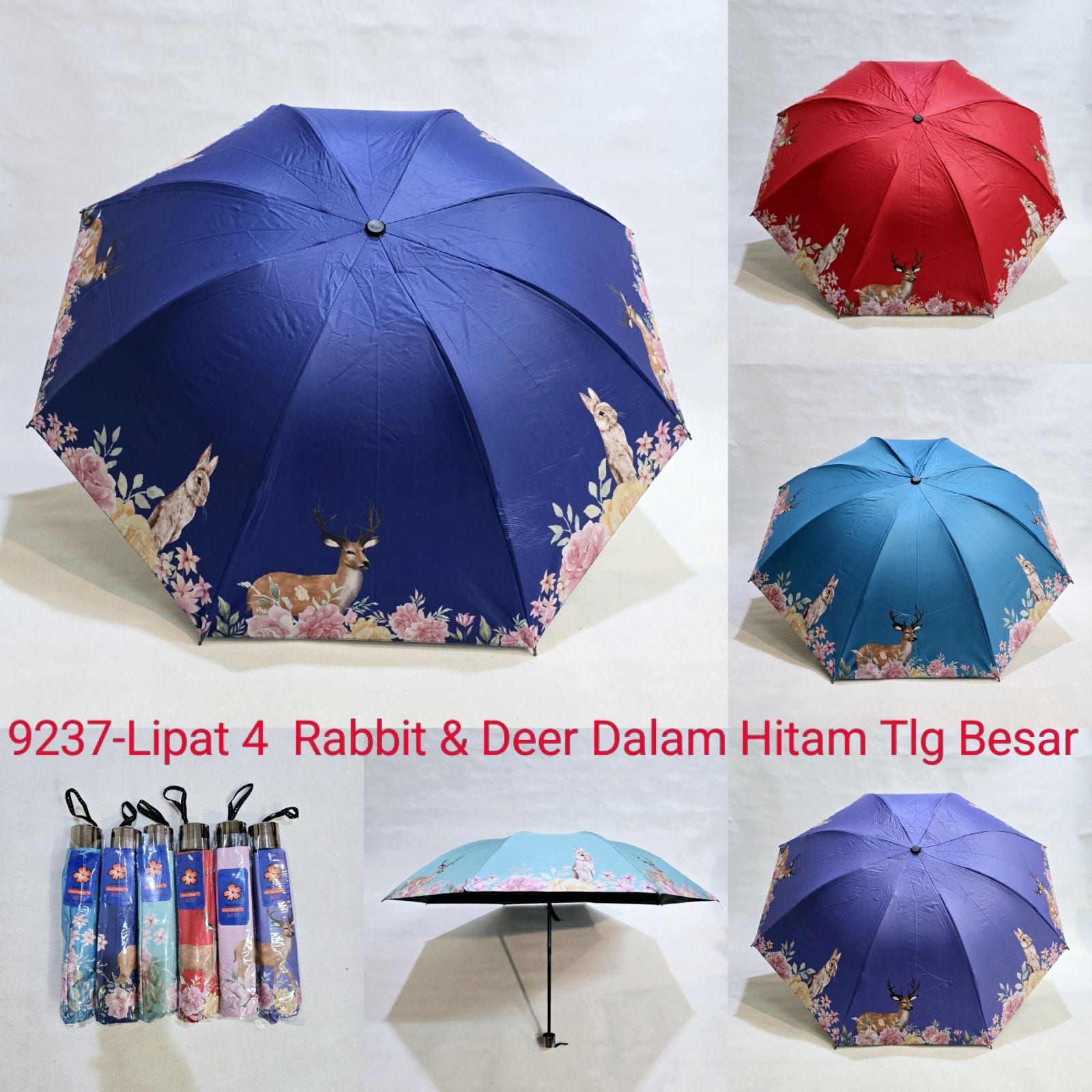 Payung Lipat 3 Sakura 8 Jari Motif Kelinci Rusa Lapis Hitam