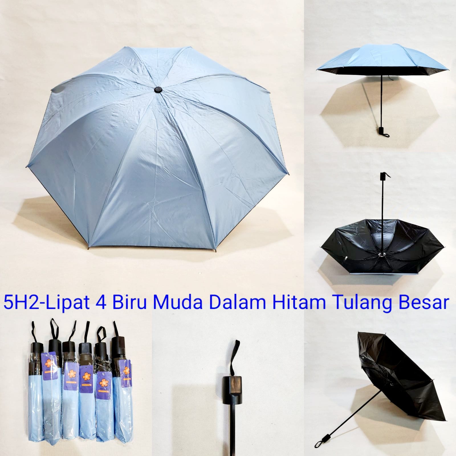 Payung Lipat 3 Sakura 8 Jari Polos Biru Muda Lapis Hitam