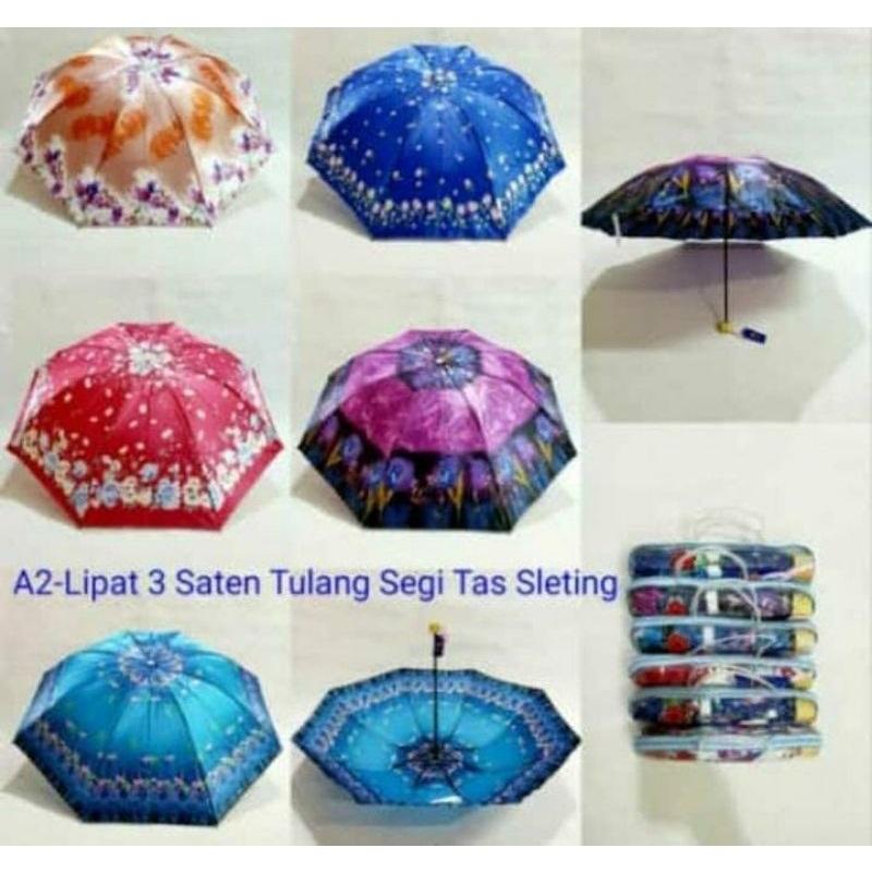Payung Lipat 3 Masterain / Nagoya / Sakura 8 Jari Motif Kembang Batik Kain Satin