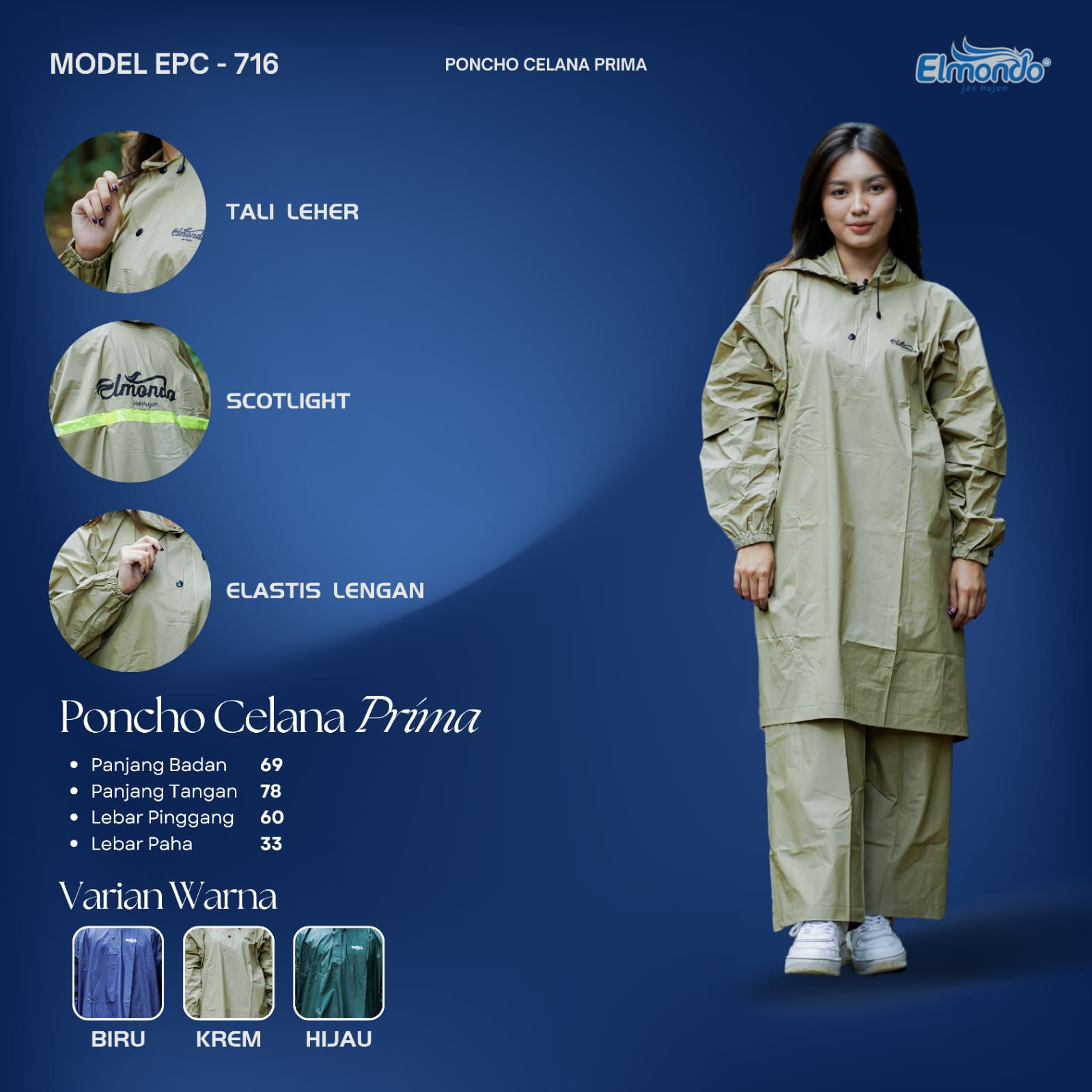 Jas Hujan Poncho Lengan Celana Dewasa Elmondo Prima 716