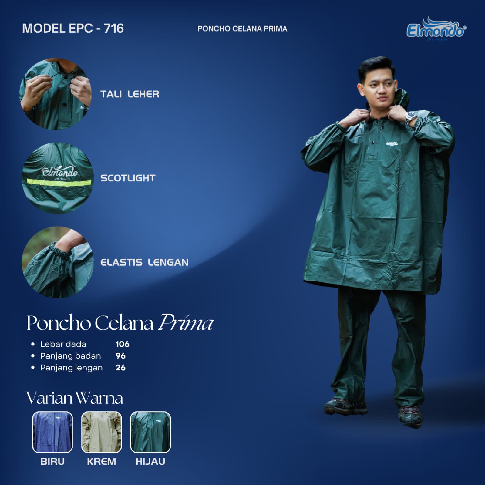 Jas Hujan Poncho Lengan Celana Dewasa Elmondo Prima 716