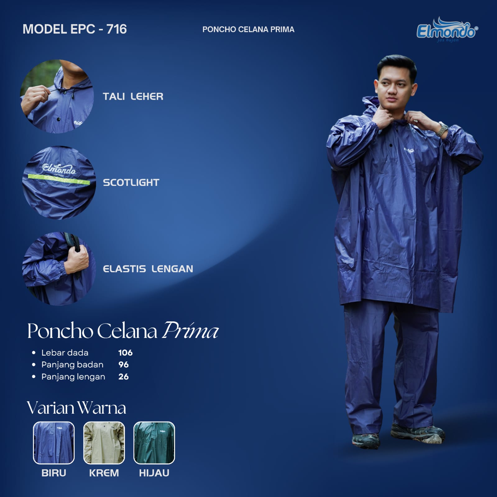 Jas Hujan Poncho Lengan Celana Dewasa Elmondo Prima 716