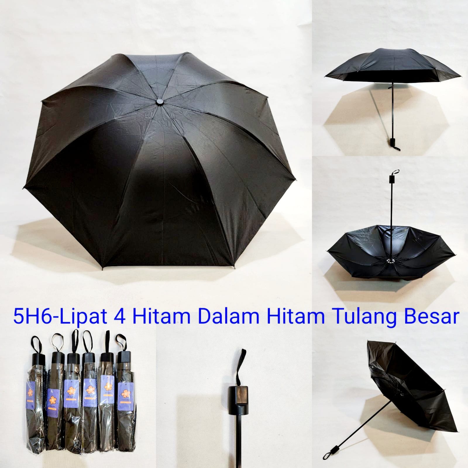 Payung Lipat 3 Sakura 8 Jari Polos Hitam Lapis Hitam