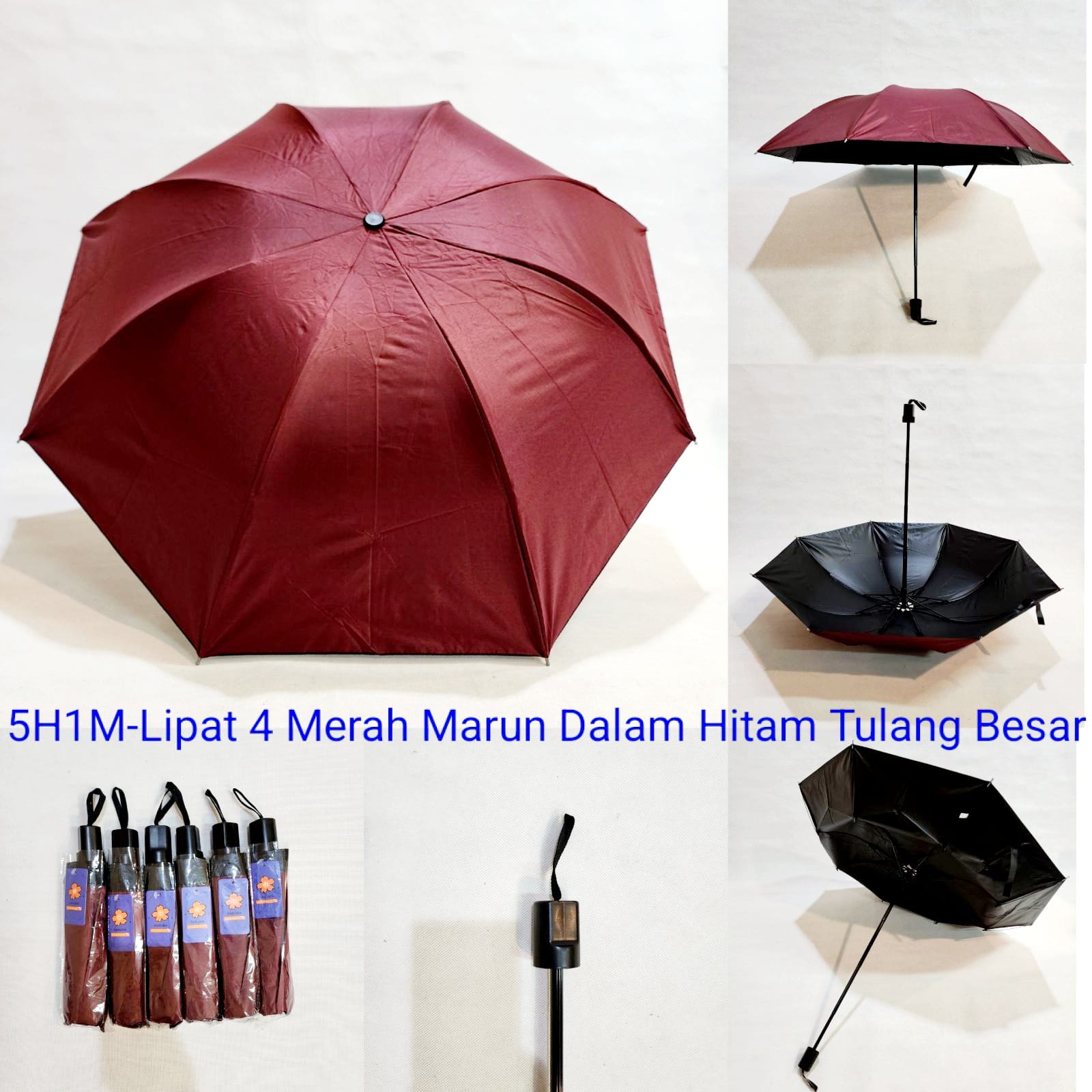Payung Lipat 3 Sakura 8 Jari Polos Merah Marun Lapis Hitam