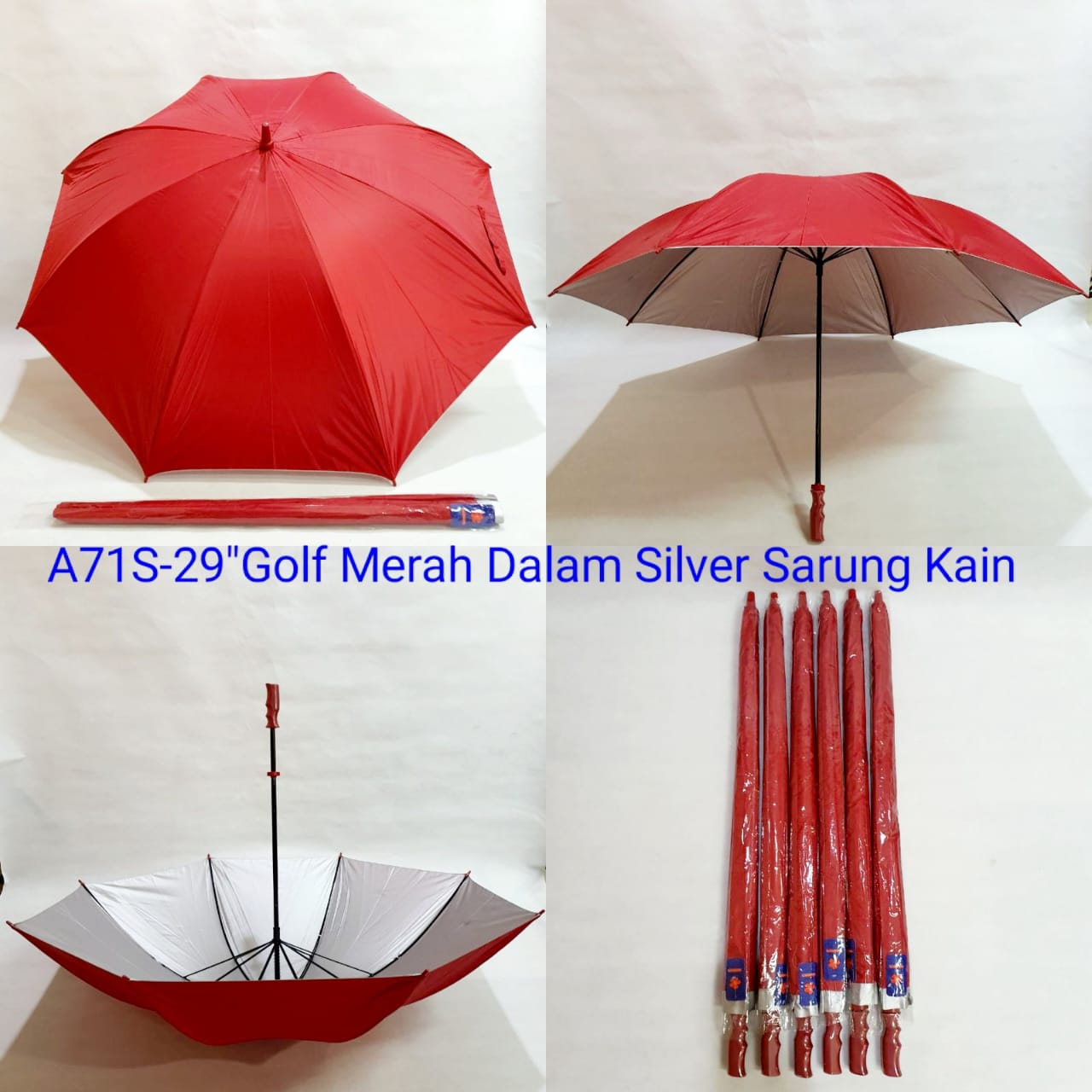 Payung Golf Jumbo Sakura 8 Jari Polos Merah Lapis Silver Extra Sarung Kain