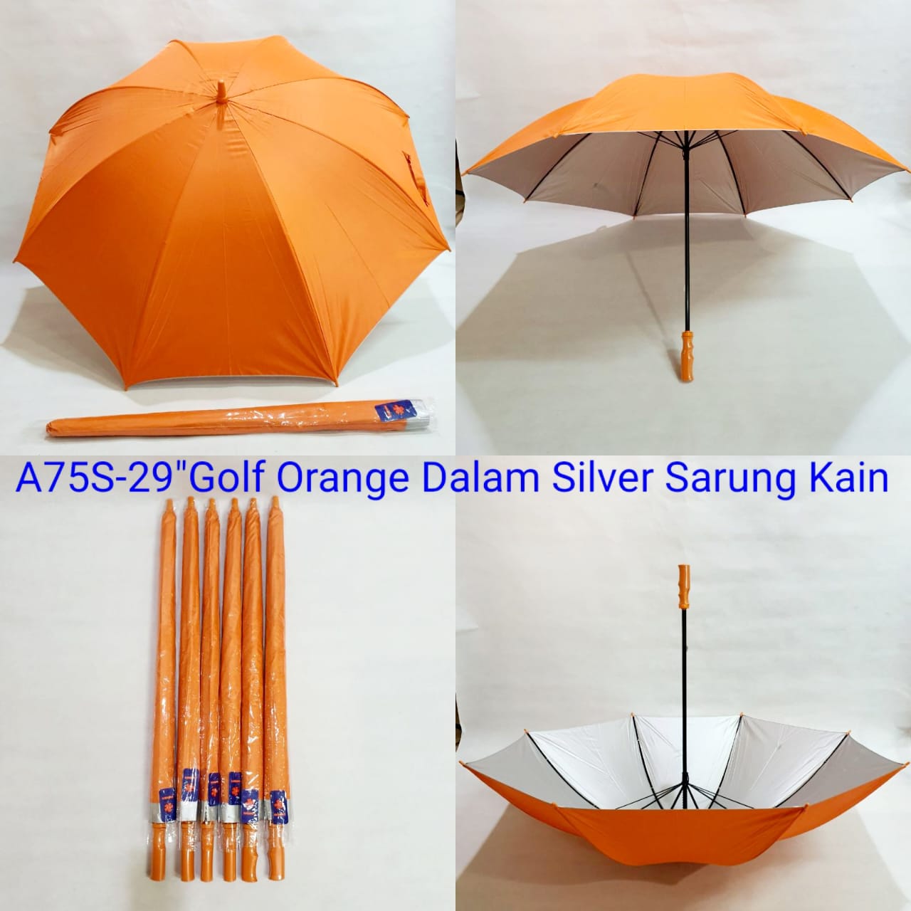 Payung Golf Jumbo Sakura 8 Jari Polos Orange Lapis Silver Extra Sarung Kain
