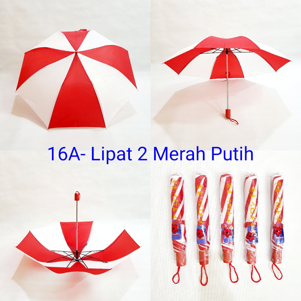Payung Lipat 2 Sakura 8 Jari 16 A Polos Salur Merah Putih