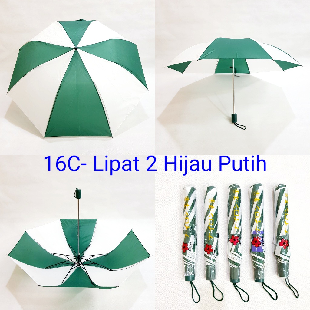 Payung Lipat 2 Sakura 8 Jari 16 C Polos Salur Hijau Putih