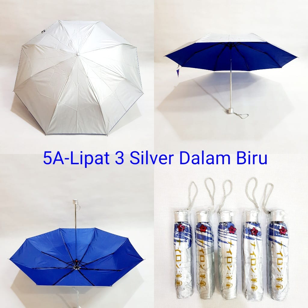 Payung Lipat 3 Sakura 8 Jari Promosi Polos Silver Lapis Biru 5A