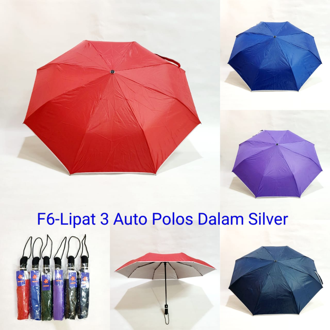 Payung Lipat 3 Otomatis Sakura 8 Jari Polos Lapis Silver Campur Warna