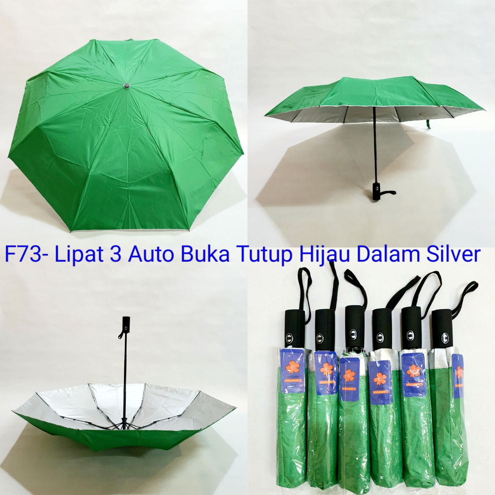 Payung Lipat 3 Otomatis Sakura 8 Jari Polos Hijau Lapis Silver