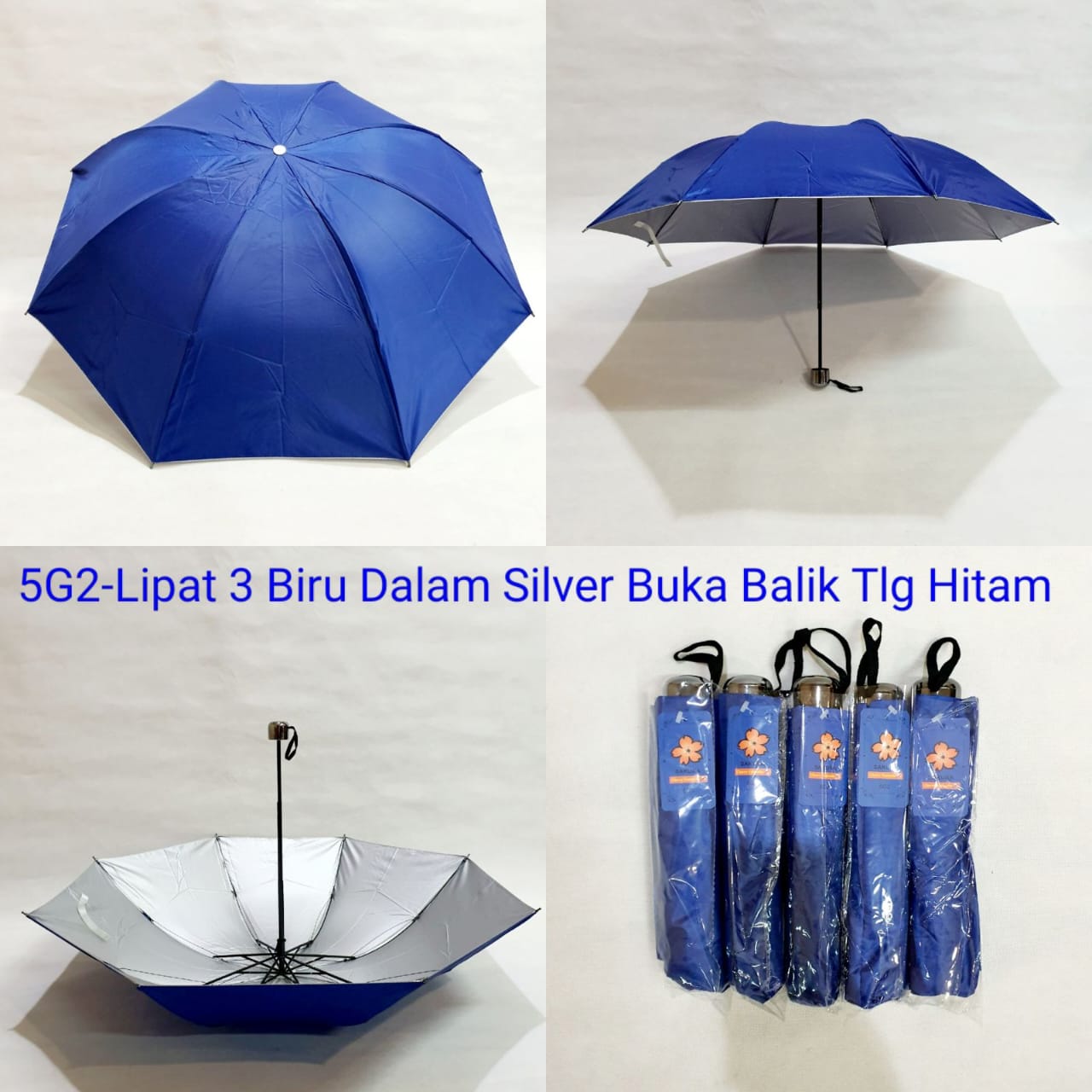 Payung Lipat 3 Sakura 8 Jari Polos Biru Lapis Silver Rangka 5G2