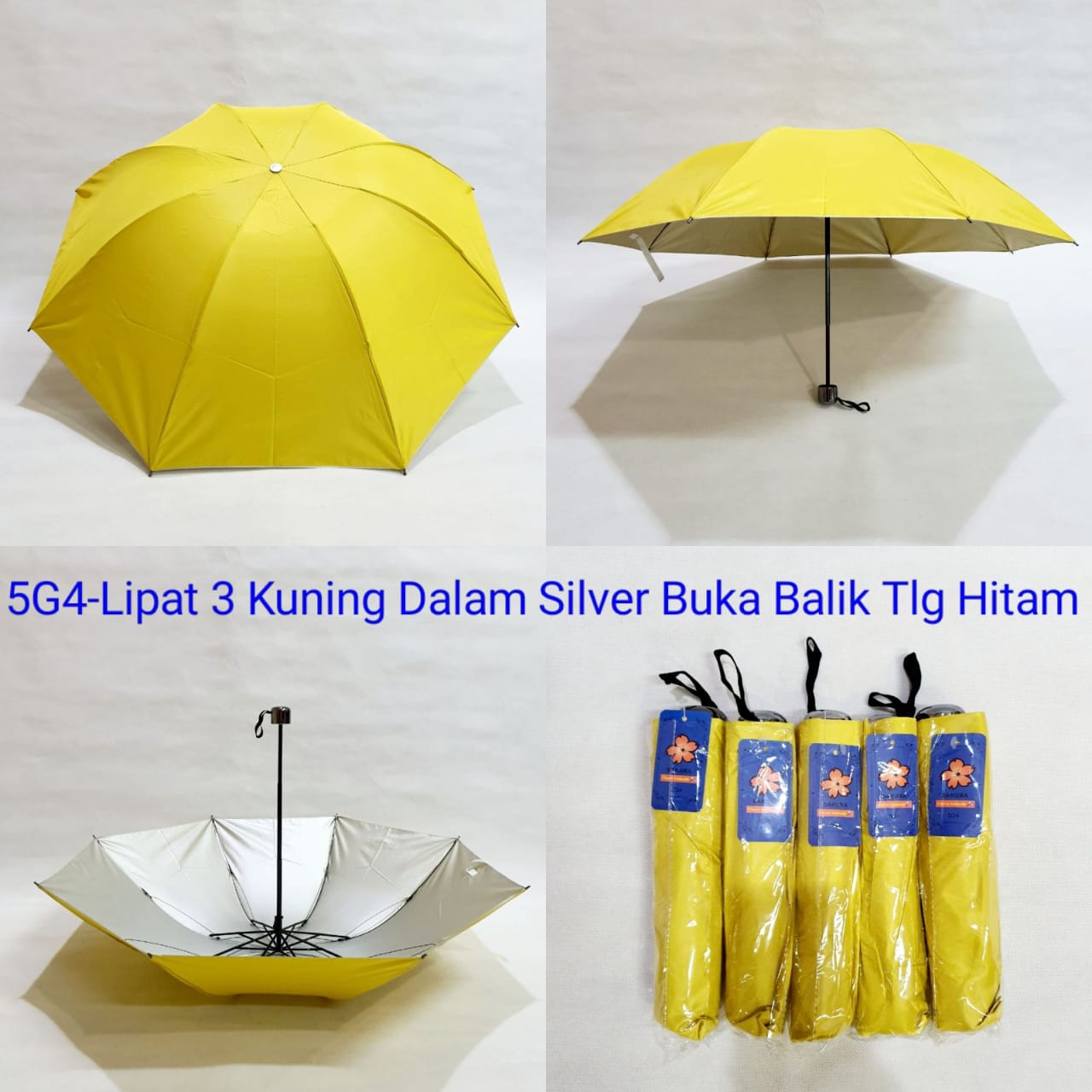 Payung Lipat 3 Sakura 8 Jari Polos Kuning Lapis Silver Rangka 5G4