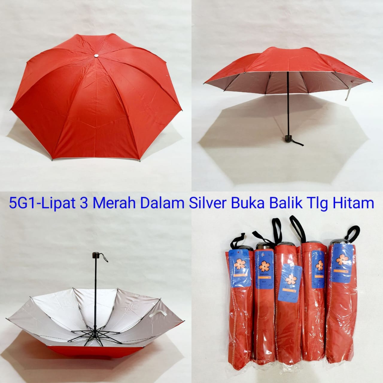 Payung Lipat 3 Sakura 8 Jari Polos Merah Lapis Silver Rangka 5G1