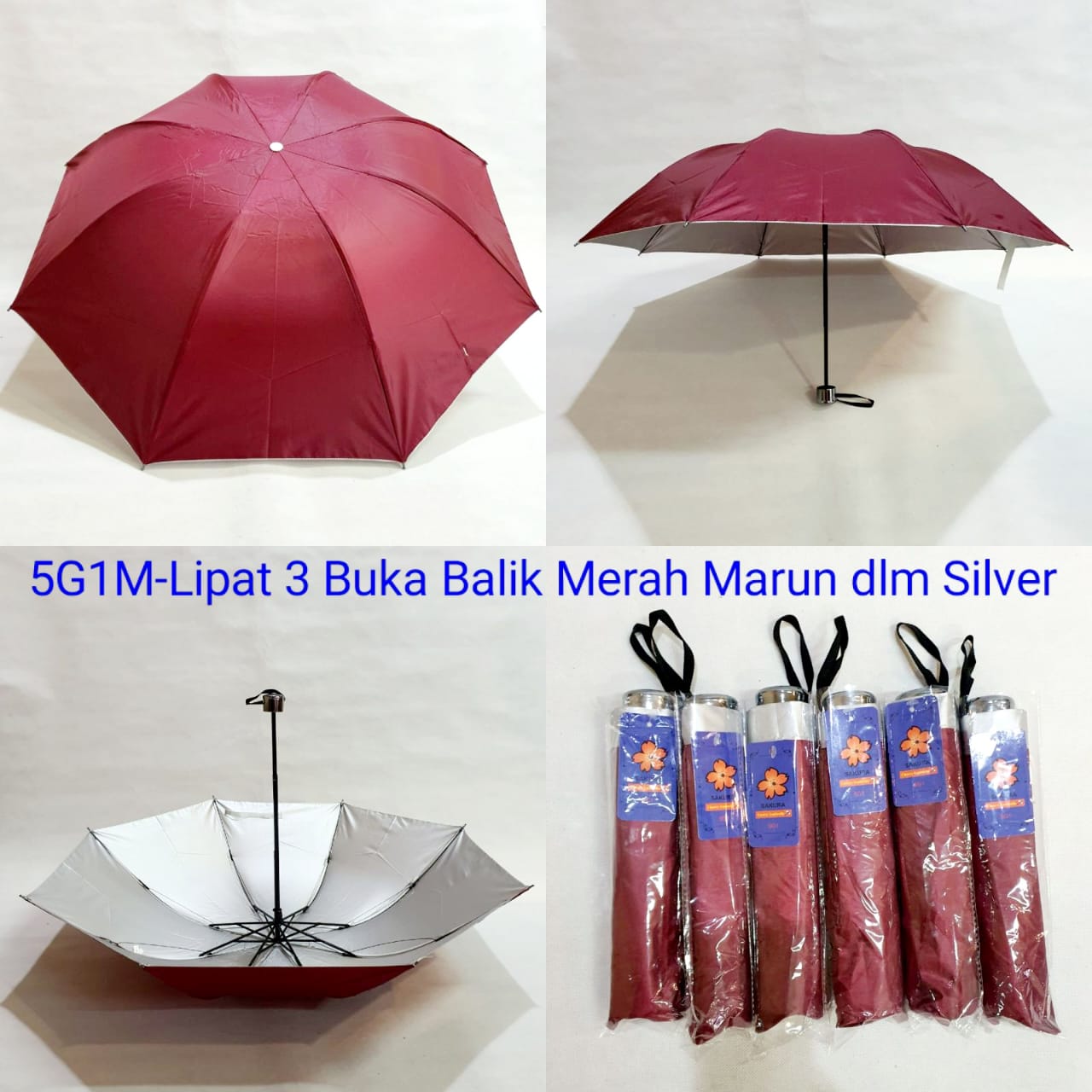 Payung Lipat 3 Sakura 8 Jari Polos Marun Lapis Silver Rangka 5G1M