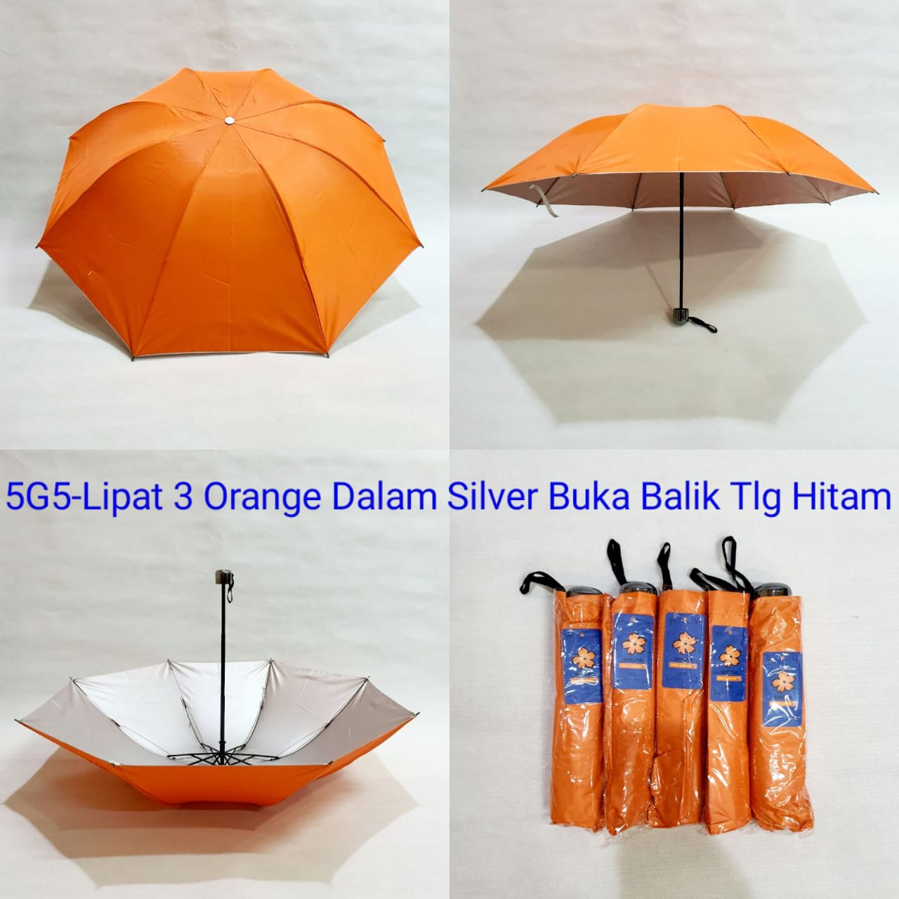 Payung Lipat 3 Sakura 8 Jari Polos Orange Lapis Silver Rangka 5G5