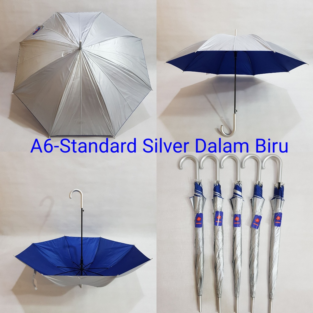 Payung Tongkat Standard Dewasa Sakura 8 Jari Polos Silver Biru