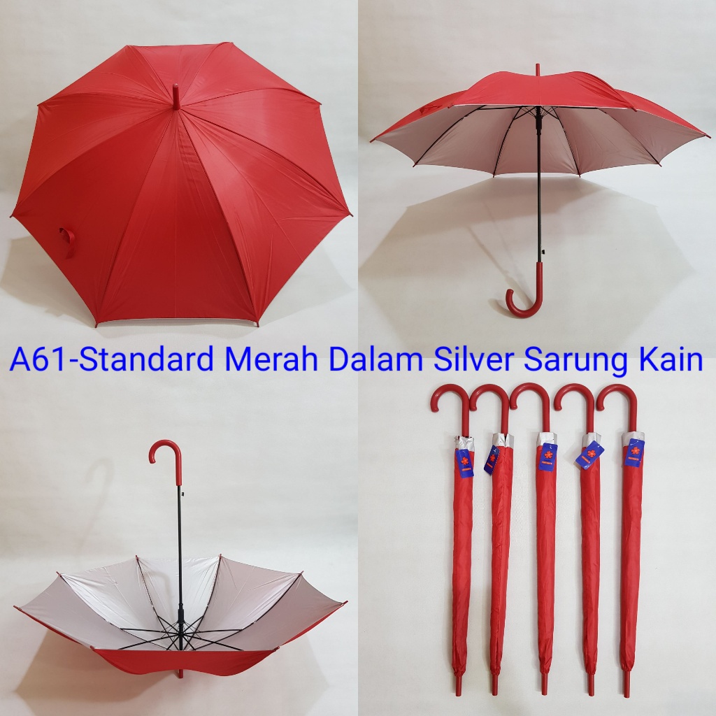 Payung Tongkat Standard Dewasa Sakura 8 Jari Polos Merah Silver Sarung Kain