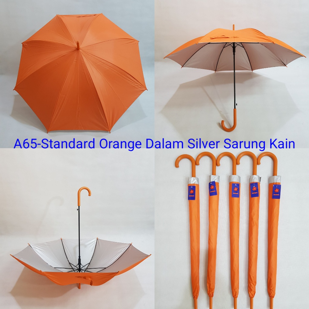 Payung Tongkat Standard Dewasa Sakura 8 Jari Polos Orange Silver Sarung Kain