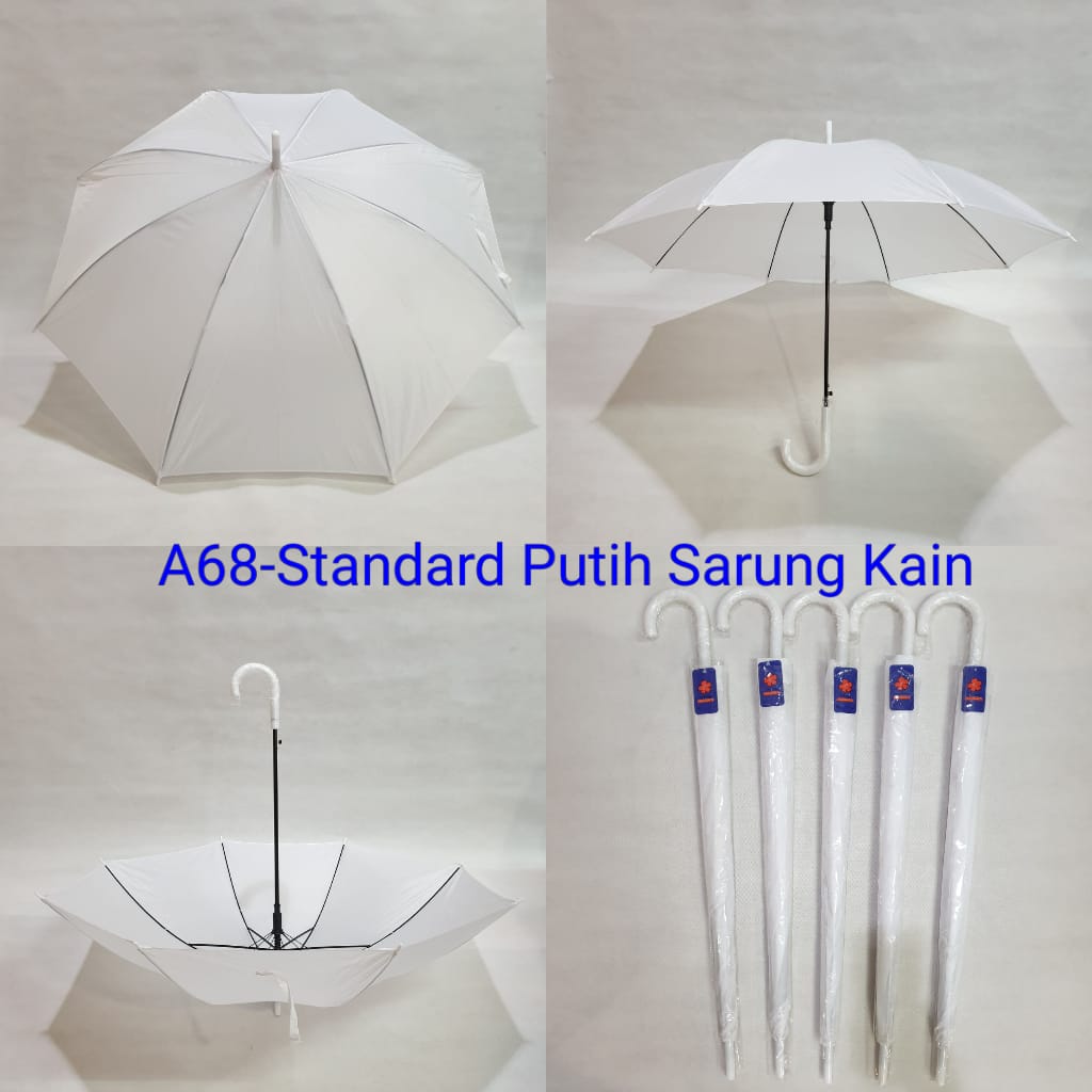Payung Tongkat Standard Dewasa Sakura 8 Jari Polos Putih Sarung Kain