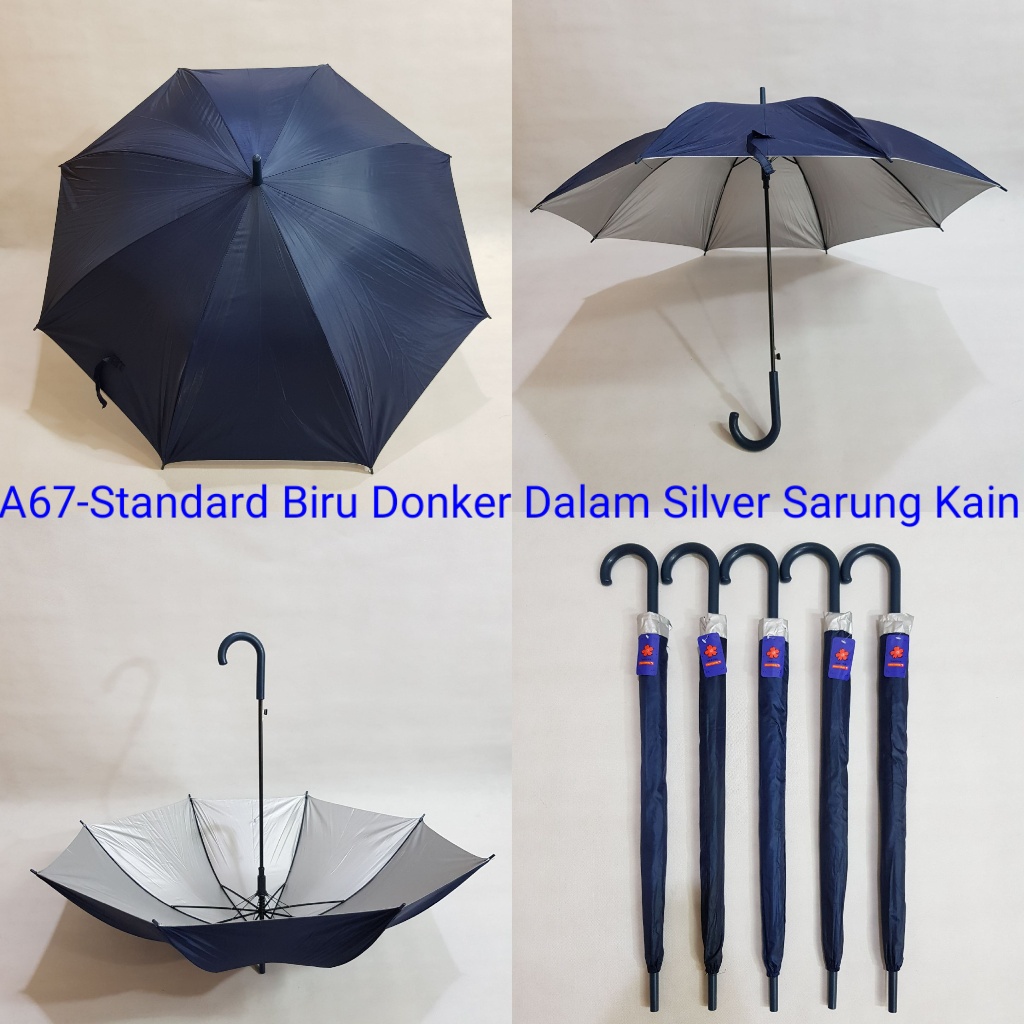 Payung Tongkat Standard Dewasa Sakura 8 Jari Polos Biru Dongker Silver Sarung Kain