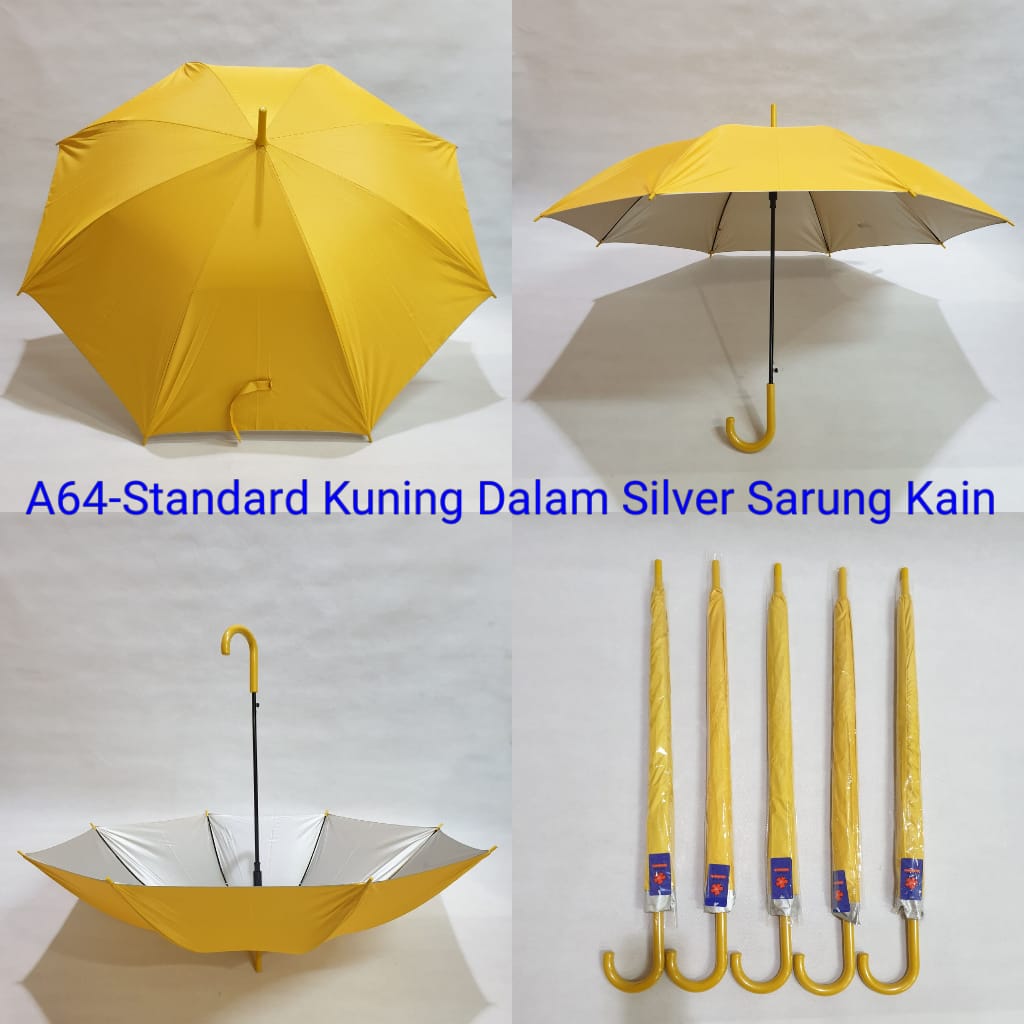 Payung Tongkat Standard Dewasa Sakura 8 Jari Polos Kuning Silver Sarung Kain
