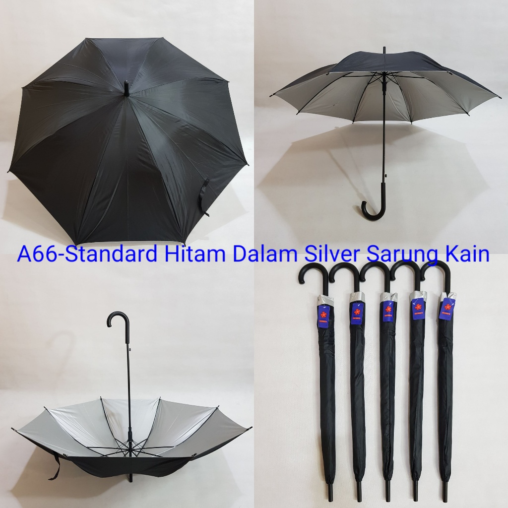 Payung Tongkat Standard Dewasa Sakura 8 Jari Polos Hitam Silver Sarung Kain