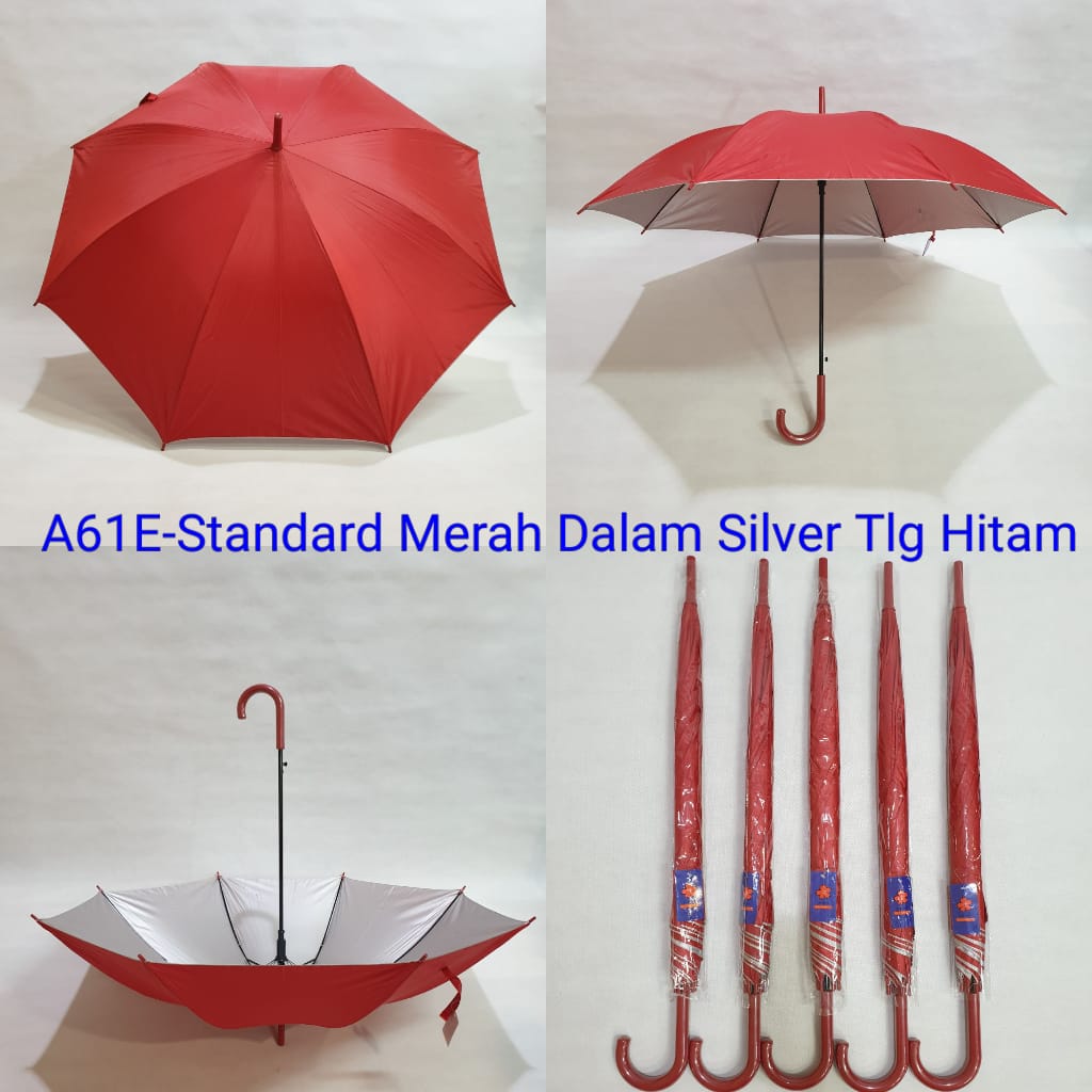 Payung Tongkat Standard Dewasa Sakura 8 Jari Polos Merah Silver