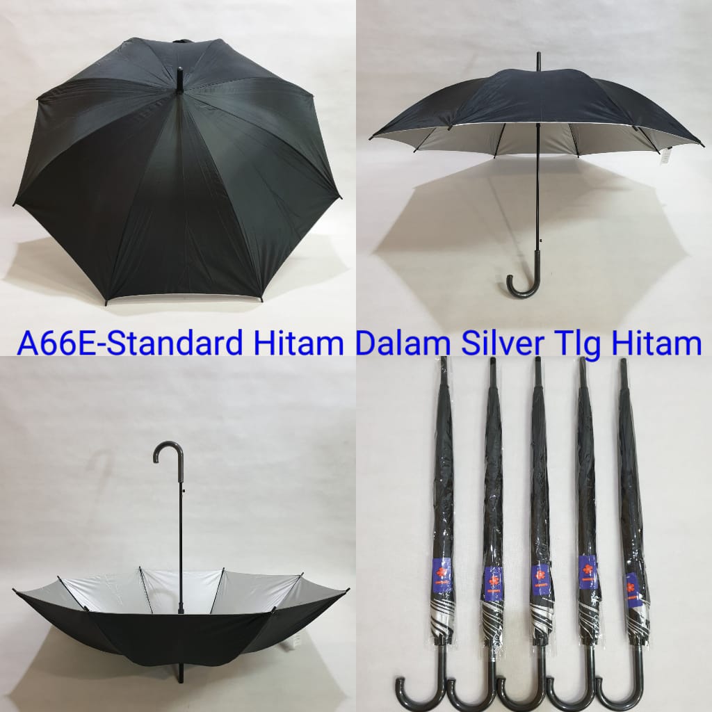 Payung Tongkat Standard Dewasa Sakura 8 Jari Polos Hitam Silver