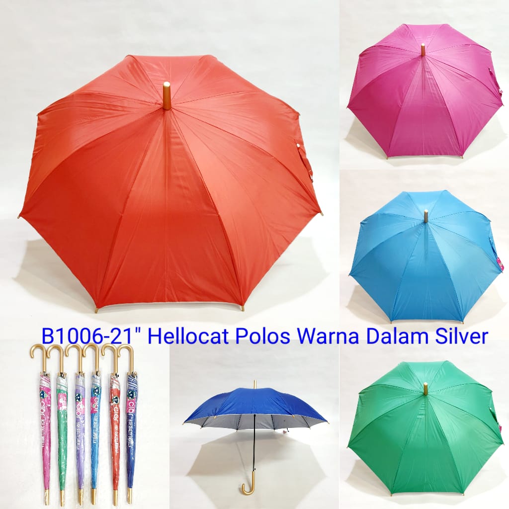 Payung 21" Tongkat Dewasa Hellocat 8 Jari Polos Silver Warna Campur