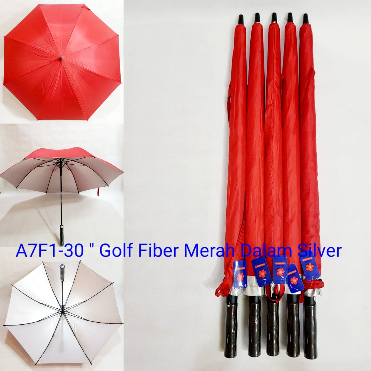 Payung Golf Jumbo Dewasa Sakura 8 Jari Polos Merah Silver Bahan Fiber Extra Sarung