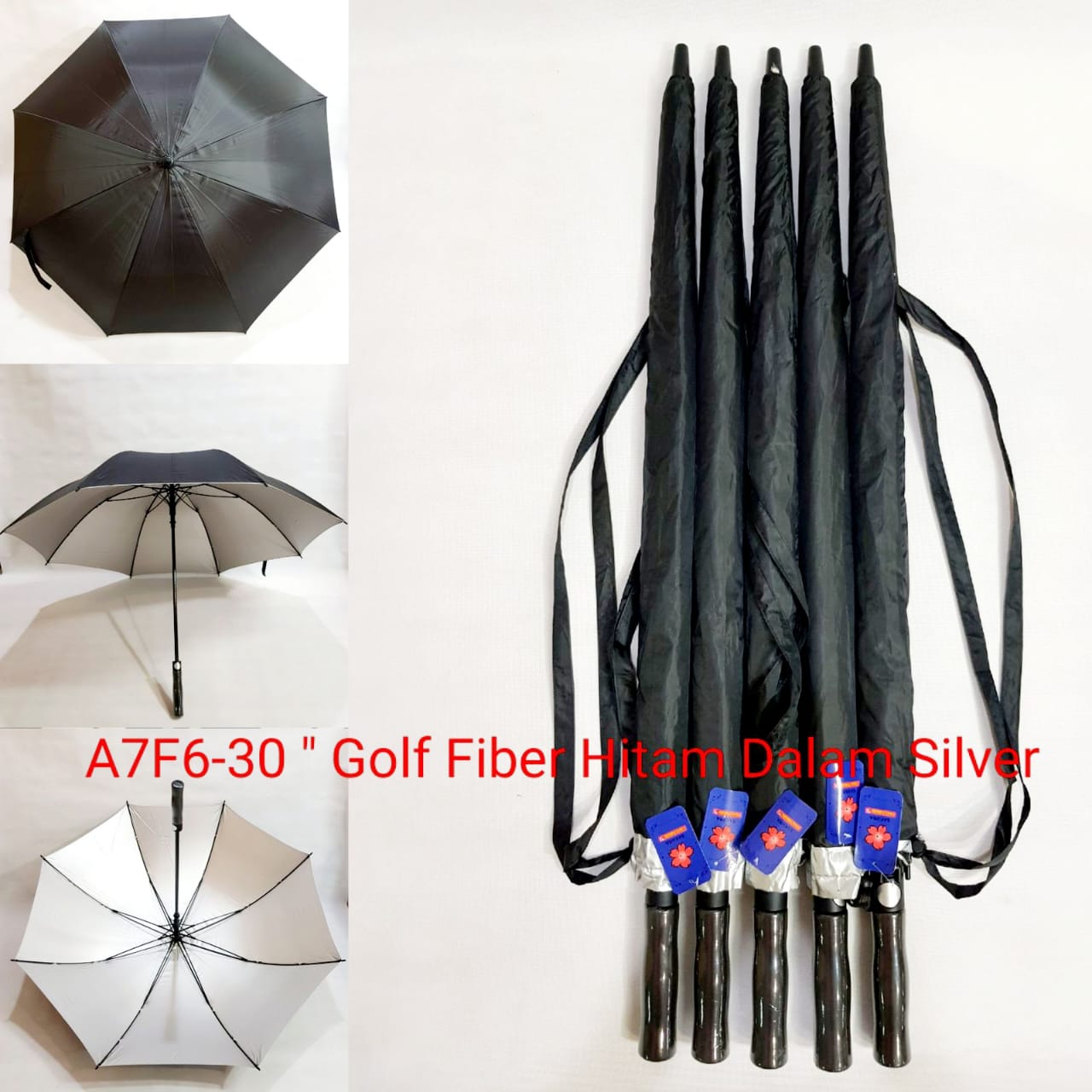 Payung Golf Jumbo Dewasa Sakura 8 Jari Polos Hitam Silver Bahan Fiber Extra Sarung