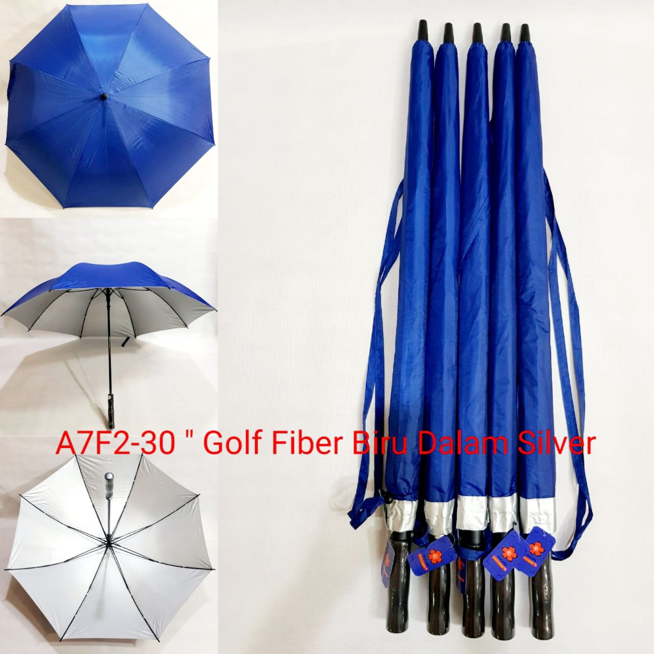 Payung Golf Jumbo Dewasa Sakura 8 Jari Polos Biru Silver Bahan Fiber Extra Sarung