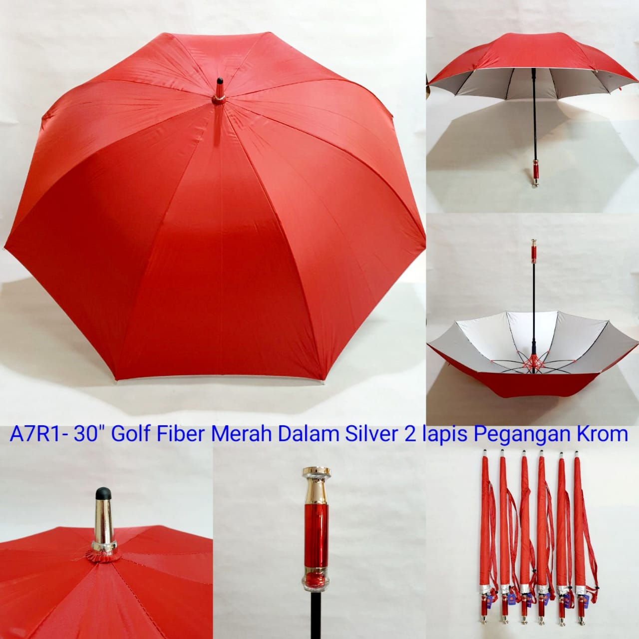 Payung Promosi Golf Jumbo Dewasa Sakura 8 Jari Fiber Polos Merah Silver Handle Krom