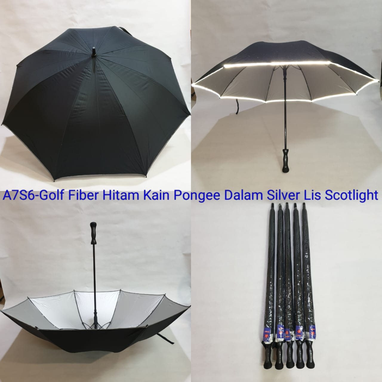 Payung Golf Jumbo Dewasa Sakura 8 Jari Fiber Polos Hitam Silver Lis Scotlight